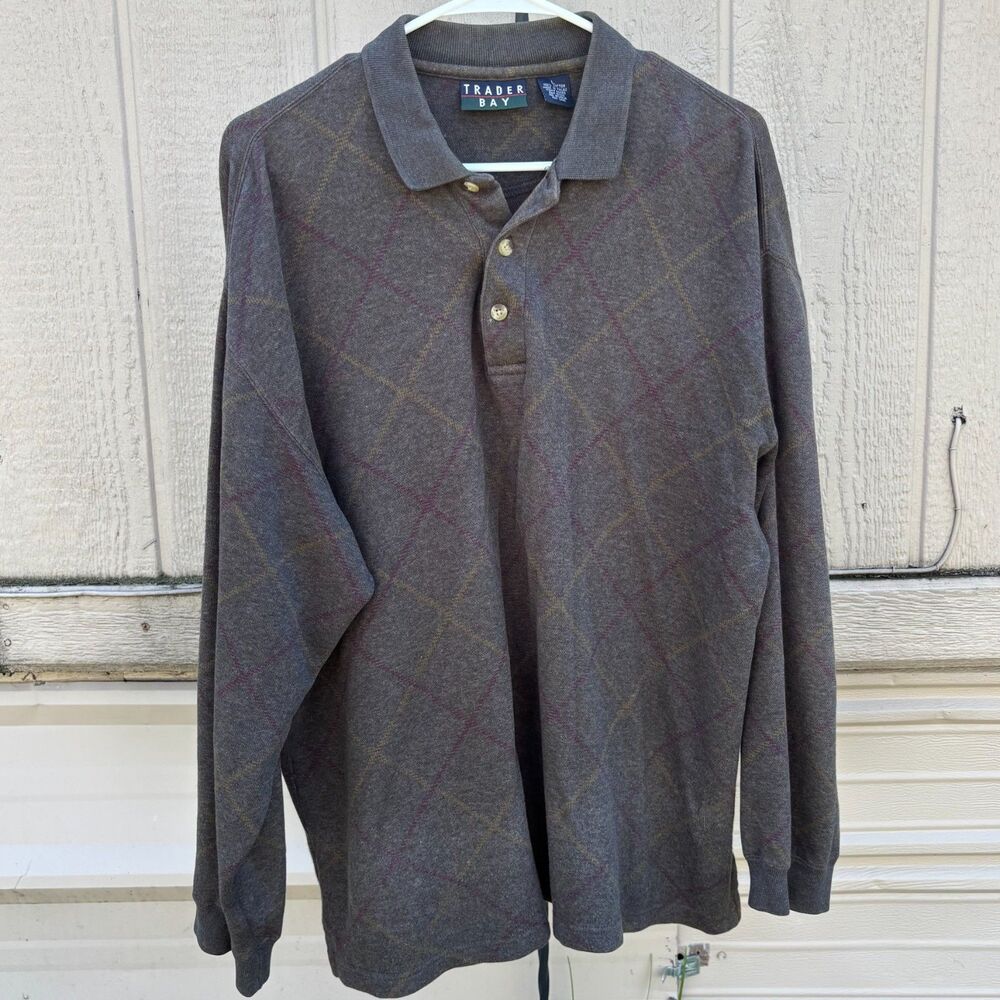 Vintage Trader Bay Long Sleeve Polo Shirt Taupe Brown Diamond Stripe L 1990s Y2K